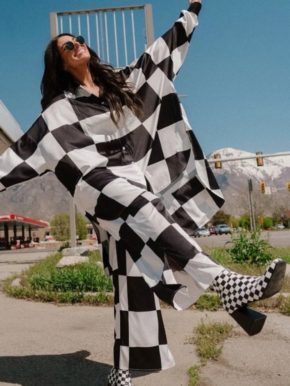 Dressed In LALA Ultra Checkered Black And White Wide Leg Satin Pants Size XL